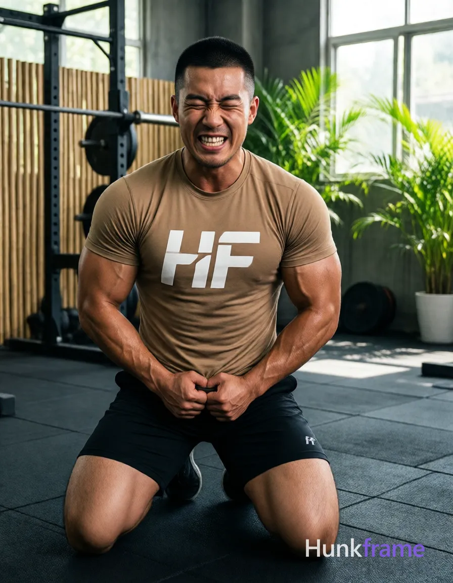 Asian man kneeling on black rubber gym floor, torso upright and slightly arched back with hands clasped between thighs gripping waistband of shorts; He wears a fitted tan t-shirt with white 'HF' text across chest (partially obscured by pose) and black athletic compression shorts with small white logo on left thigh; Short black buzz cut even length all around, clean-shaven face with eyes closed tightly and mouth open mid-exertion grimace; Highly muscular build defined pectorals broad shoulders vascular arms thick quads with visible veins light to medium tan skin with visible sweat sheen on arms and legs minimal chest hair rugged warm confidence indoor gym setting squat racks labeled 'TORQUE' bamboo fence backdrop green plants bright natural light streaming through windows creating strong highlights sharp focus high-contrast lighting muscle-bear aesthetic 13:19 aspect ratio; FULL GARMENT TEXT REPLACEMENT: remove every source garment word, sentence, slogan, logo, and partial brand spelling from every existing print area, then replace those source marks with only the wordmark, spelled exactly "HF"; single clean uninterrupted photograph with a cohesive editorial composition and plain continuous surrounding surfaces