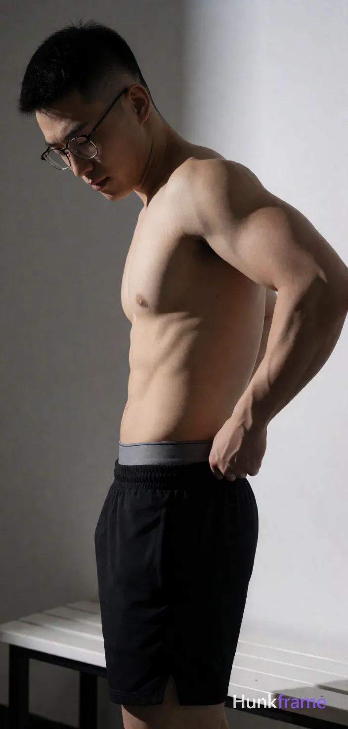 Asian man with short dark black hair high fade, thin metal frame rectangular glasses worn on face, clean-shaven; Standing profile facing left pulling up black athletic shorts waistband mid-thigh right side shirtless bare chest six-pack abs thick thighs visible gray inner waistband above outer fabric indoor locker room white bench dramatic directional lighting highlighting musculature high contrast shadows confident strength defined anatomy gym photography vertical portrait crop head to upper thighs The adult man visibly wears thin metal frame glasses worn on the face; clear lenses with no tint; rectangular to slightly rounded shape on his face; preserve the exact frame shape, rim style, color, material, and lens tint; FULL GARMENT TEXT REPLACEMENT: remove every source garment word, sentence, slogan, logo, and partial brand spelling from every existing print area, then replace those source marks with only the wordmark, spelled exactly "HF"; This is replacement, Repeated "HF" marks are allowed only where the source garment already had printed text; preserve appropriate placement, typography, color, and scale; single clean uninterrupted photograph with a cohesive editorial composition and plain continuous surrounding surfaces