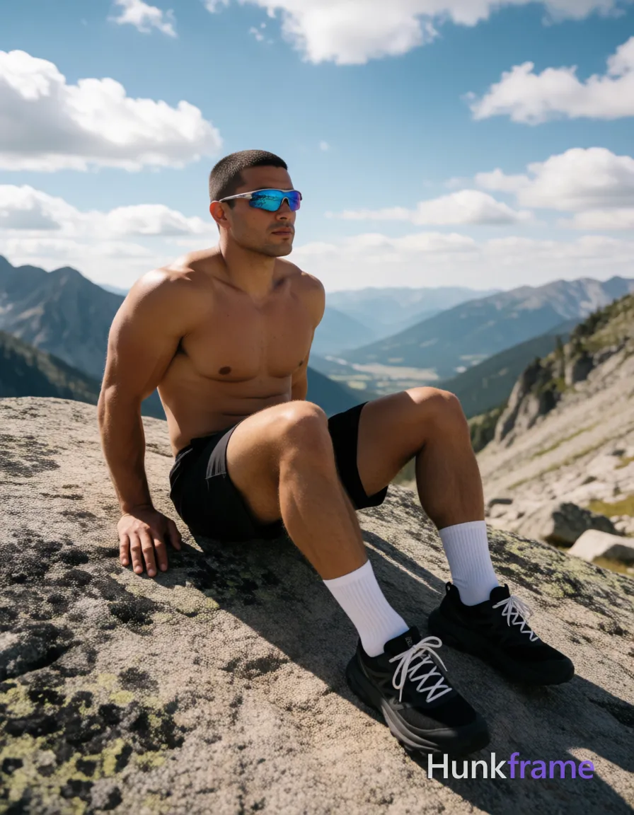 Heavily muscular adult man with substantial muscle mass, wide shoulders, thick neck, large chest and arms, powerful thighs, and dense bodybuilding proportions; Hispanic or latino man, tanned skin, short dark brown buzz cut with no parting, wearing reflective blue-tinted wraparound sunglasses on face; Seated upright on large granite rock outcrop leaning back against hands behind hips, legs extended forward knees bent at 90 degrees feet resting on lower slope shirtless bare chest abdomen shoulders arms broad shoulders defined pectorals six-pack abs thick thighs black athletic shorts mid-thigh white crew socks ankle bone black trail running shoes with white laces; High alpine ridge overlooking valley and distant peaks under blue sky scattered cumulus clouds bright natural sunlight from upper left casting strong shadows wide-angle perspective shallow depth of field high dynamic range fine-art photography dramatic lighting adventurous confident serene mood 7:4 aspect ratio horizontal landscape orientation The adult man visibly wears wearing reflective blue-tinted sunglasses with thin metallic frames, wraparound style covering eye region completely on his; single clean uninterrupted photograph with a cohesive editorial composition and plain continuous surrounding surfaces