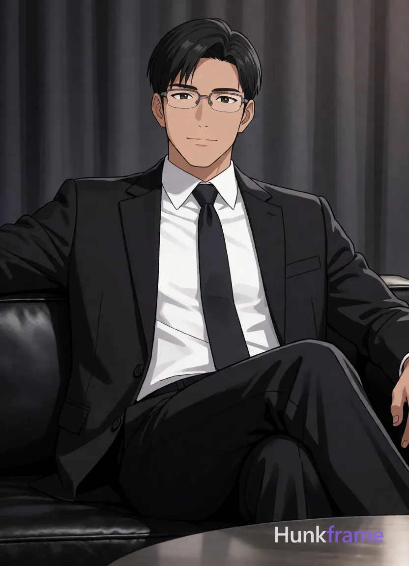 an anonymous figure man in his 30s with light to medium skin, short black straight hair and neat side parting; Wearing metal-framed glasses with thin rectangular frames, clear lenses on face; clean-shaven face; Seated relaxed on a black leather sofa with legs crossed at knee; Left arm resting along back of couch, right hand partially out of frame near thigh; Dressed in single-breasted black suit jacket over white collared dress shirt buttoned to neck and solid black tie centered at collar; Fully clothed lean build physique; Indoor studio lounge setting with dark gray draped curtains background; partial foreground table edge visible; Polished anime 2.5D next-gen game art style, expressive calm composed slight smile face, athletic anatomy rendering, high-quality character details; The adult man visibly wears metal-framed glasses with thin rectangular frames, clear lenses; worn on face on his face; preserve the exact frame shape, rim style, color, material, and lens tint, same aesthetic theme and photo feel as the reference but a different man in a different; single clean uninterrupted artwork with a cohesive composition and plain continuous surrounding surfaces