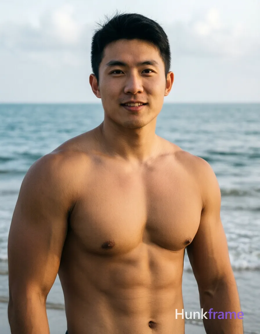 Photoreal photograph of a shirtless Asian man with defined abs and compact athletic build. The image shows his upper body from shoulders up, standing against an ocean backdrop. Soft natural lighting illuminates him in a serene outdoor setting near the sea on a cloudy day at the beach, featuring muted blues and grays. 13:19 aspect ratio vertical portrait orientation on an 832x1216 canvas., shot on iPhone 15 Pro main camera, authentic smartphone computational photography, natural Smart HDR and true-to-life skin texture, vertical 9:16 Xiaohongshu lifestyle feed, bright clean everyday scene, unretouched phone photo with subtle sensor grain, trendy Chinese internet 网红 aesthetic, candid influencer energy