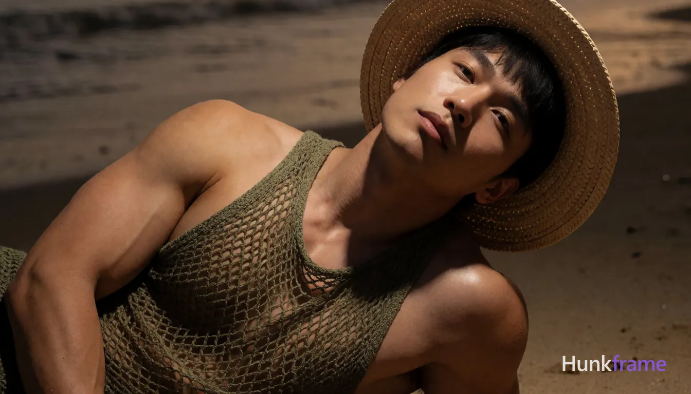 Heavily muscular adult man with substantial muscle mass, wide shoulders, thick neck, large chest and arms, powerful thighs, and dense bodybuilding proportions; Asian man with tanned skin and short black straight hair reclining diagonally across a beach at dusk, head tilted back to the right; Shirtless adult displaying broad shoulders, defined pectorals, and visible abdominal musculature; Olive-green open-knit mesh garment draped loosely around chest; straw hat worn over head extending beyond shoulders; Fine-art photography with high contrast and shallow depth of field blurring wet sand background; Dramatic directional lighting from above-left casting deep shadows under chin and brim; Warm earthy palette, confident strength aesthetic, same aesthetic theme and photo feel as the reference but a different man in a different pose with distinct body proportions, Turkish man, olive skin, aquiline nose, heavily muscular hairy chest editorial look; single clean uninterrupted photograph with a cohesive editorial composition and plain continuous surrounding surfaces