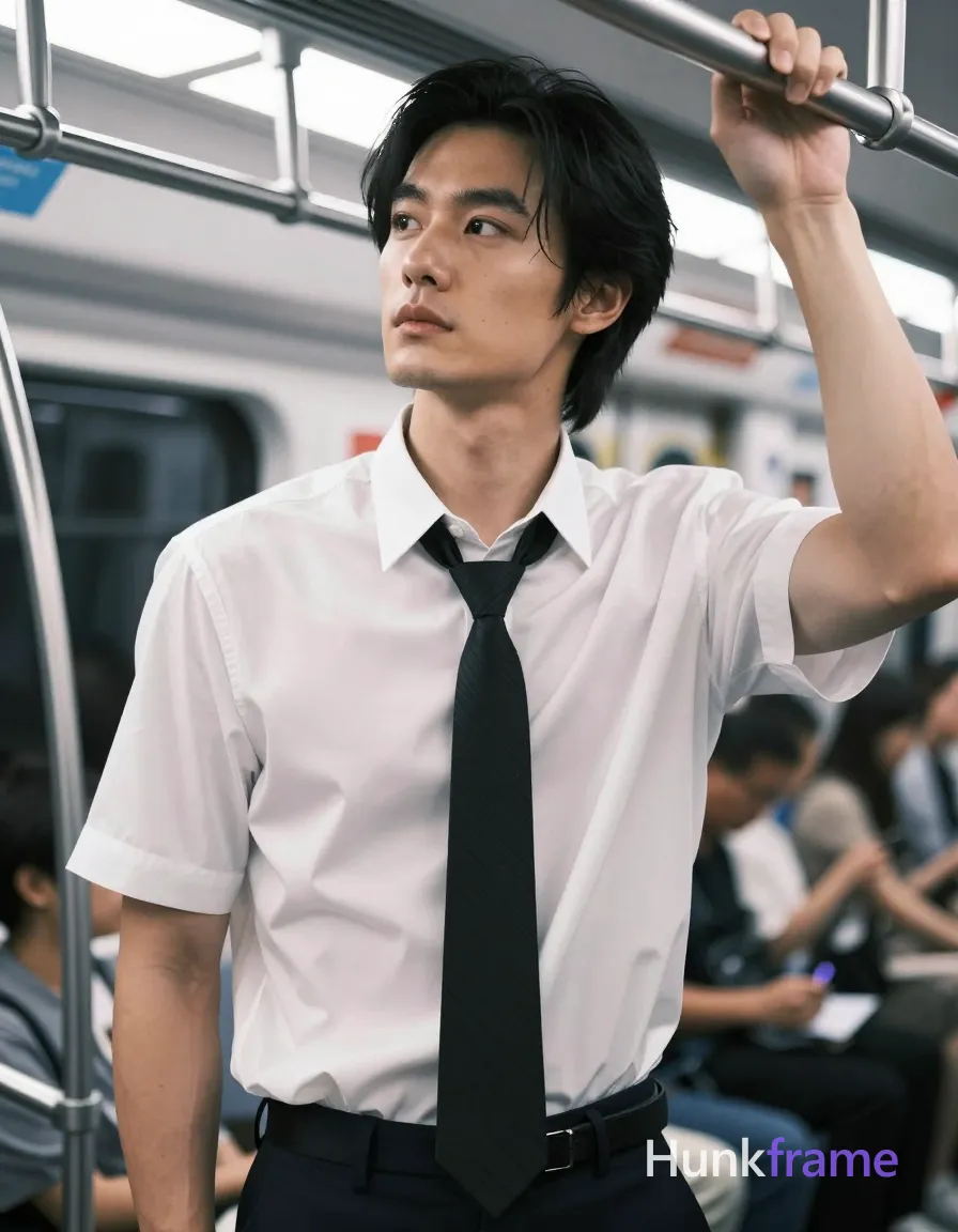 Asian man with light-medium warm skin, black medium-length side-parted hair, clean-shaven face, neutral contemplative gaze upward left. Standing upright on subway train gripping silver overhead rail right hand, body angled toward camera head turned away. Wearing tight-fitting white short-sleeved semi-transparent button-up shirt showing pectorals and torso musculature, loose black striped necktie knot at collar, dark navy trousers with belt buckle. Chest-up portrait center-left foreground, blurred commuters background. High-contrast cool-toned subway lighting, shallow depth of field cinematic composition, premium fashion editorial mood., a single uninterrupted photograph only, no written words or typography anywhere in frame, no captions, no app UI, no social-media post layout, no screenshot borders