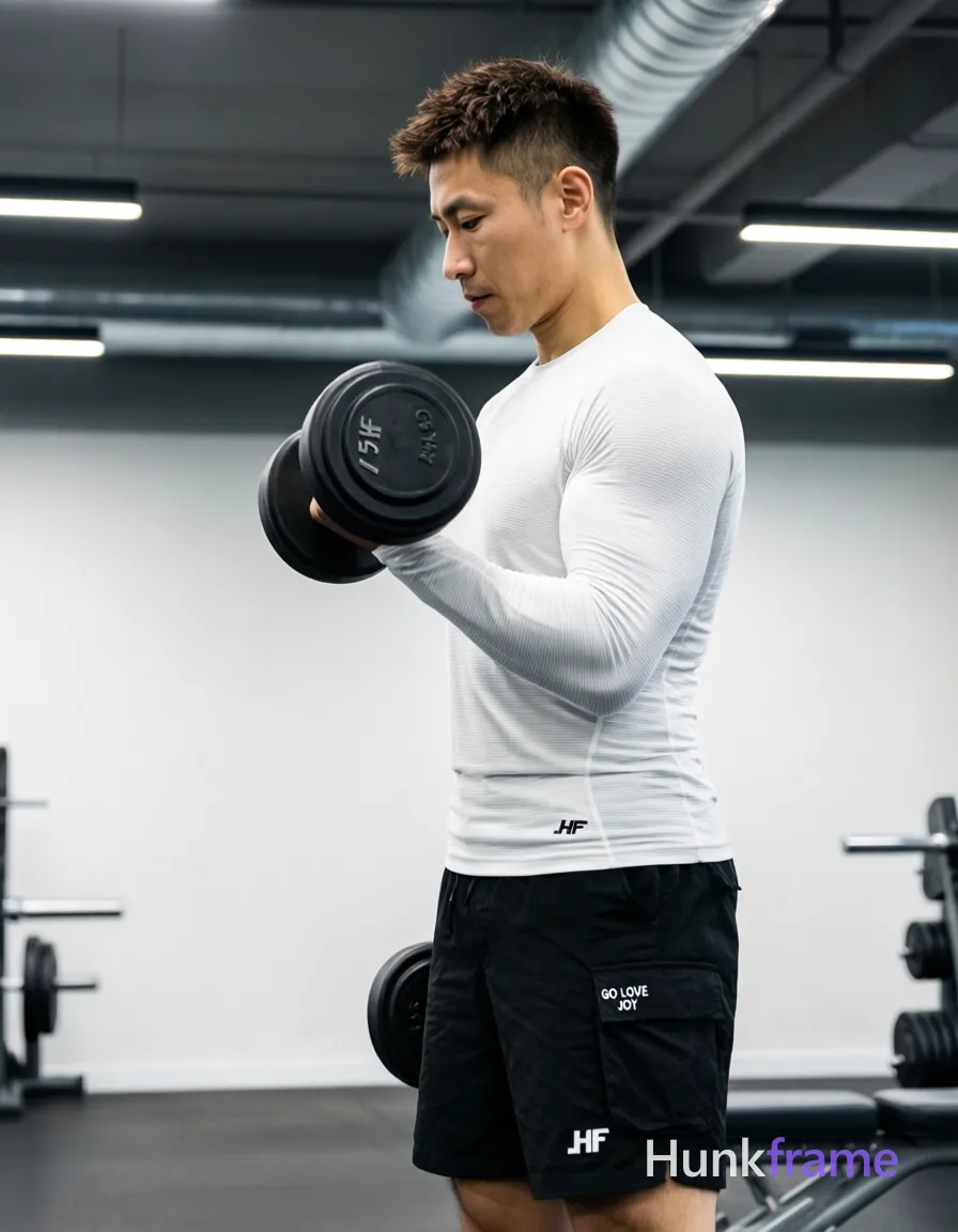 Asian man with short textured dark brown crop hair, clean-shaven face, focused neutral expression standing in profile facing left holding black an anonymous figure 7.5kg dumbbell at shoulder height during bicep curl motion wearing white long-sleeve ribbed compression-style athletic top and black cargo shorts mid-thigh length small white logo reading GO LOVE JOY on left leg fully clothed adult lean build waist-up to mid-thigh vertical crop occupies right two-thirds of frame head near upper-right quadrant indoor gym with exposed ceiling ductwork track lighting casting soft shadows even ambient illumination minimalist gym aesthetic modern fitness photography sharp focus; FULL GARMENT TEXT REPLACEMENT: remove every source garment word, sentence, slogan, logo, and partial brand spelling from every existing print area, then replace those source marks with only the wordmark, spelled exactly "HF"; This is replacement, Repeated "HF" marks are allowed only where the source garment already had printed text; preserve appropriate placement, typography, color, and scale; No other visible text, logo, caption, username, hashtag, comment, watermark, or UI; single clean uninterrupted photograph with a cohesive editorial composition and plain continuous surrounding surfaces