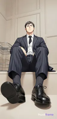 Polished anime style rendering of an adult man seated with legs extended forward, feet resting on a 