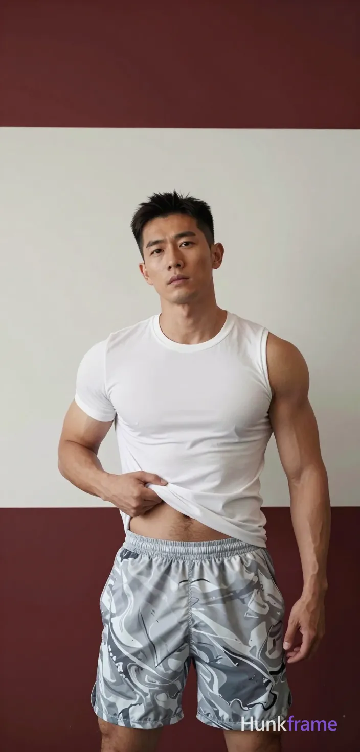 Asian man with short dark hair parted left and clean-shaven face stands center-left in a vertical portrait, pulling down his fitted white crew-neck t-shirt to expose lower abdomen and hips; He wears grey-and-white abstract-patterned athletic shorts against an indoor setting with upper maroon-red and lower off-white walls; Artificial overhead lighting casts soft shadows while frontal illumination highlights realistic skin texture on broad shoulders, defined pectorals, and toned arms; Naturalistic photography style with moderate depth of field captures the confident, slightly provocative mood in a full-body shot from mid-thigh up; single clean uninterrupted photograph with a cohesive editorial composition and plain continuous surrounding surfaces