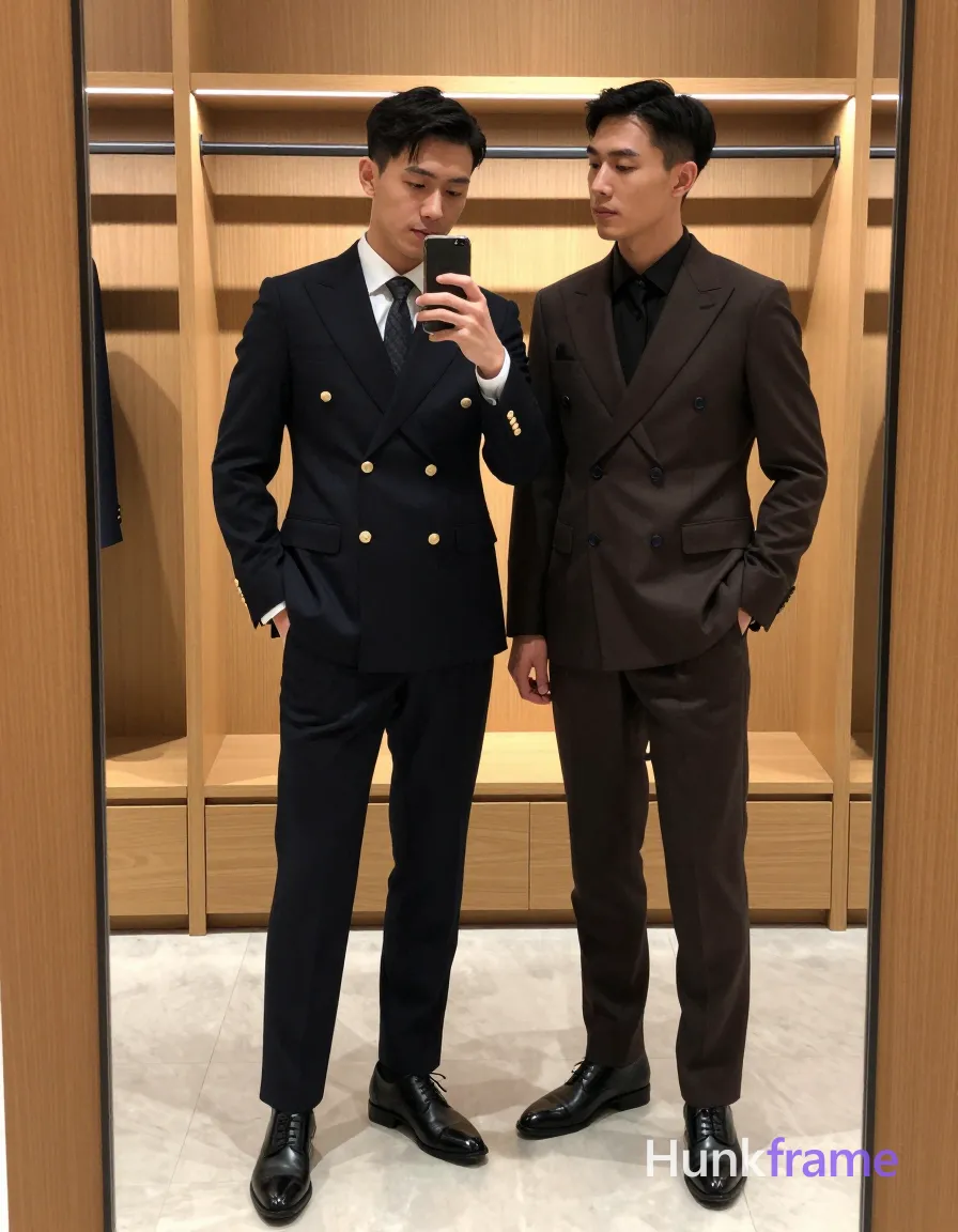 an anonymous figure men in a candid Xiaohongshu lifestyle mirror selfie composition within an indoor retail fitting room environment with wooden shelving units and linear LED lighting. Center subject holds smartphone right hand to capture reflection; left man stands upright hands in pockets body angled toward center wearing dark navy double-breasted suit jacket gold buttons white dress shirt patterned dark tie matching trousers black leather shoes; right man stands upright hands in pockets body angled inward wearing dark brown double-breasted suit jacket dark buttons black dress shirt no visible tie. Vertical portrait 13:19 aspect ratio framed within mirror reflection showing upper legs to head left third partially cropped by edge. Overhead artificial illumination casting even ambient light with soft directional highlights on shoulders and faces reflecting off glass surface. Polished sophisticated calm formal yet intimate mood sharp focus on tailored suits grooming details clean lines premium aesthetic., a single uninterrupted photograph only, no written words or typography anywhere in frame, no captions, no app UI, no social-media post layout, no screenshot borders