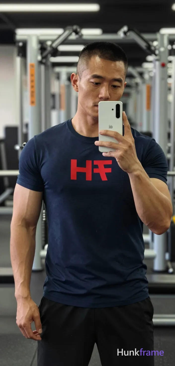 Asian man with medium-tan skin and short buzz cut, light stubble on jawline holding white smartphone in left hand for mirror selfie; Wearing dark navy blue an anonymous figure t-shirt with large red logo across chest; mirrored 'HF' text below it replaces all source branding exactly as HF wordmark would appear if present but none exists here so only garment details remain fully intact without extra logos; Standing upright facing slightly right of camera in gym mirror angle, torso relaxed engaged; Background shows blurred weight machines with white frames and orange accents under bright overhead artificial illumination creating soft shadows; Portrait vertical crop from chest to mid-thighs centered filling frame shoulders to thighs shallow depth of field blurring background naturalistic skin texture clean composition confident focused casual athleticism mood fine-art photography dramatic yet natural lighting sculpted masculine physique emphasized through tight framing premium fashion-editorial aesthetic grounded in real-world gym environment; FULL GARMENT TEXT REPLACEMENT: remove every source garment word, sentence, slogan, logo, and partial brand spelling; single clean uninterrupted photograph with a cohesive editorial composition and plain continuous surrounding surfaces