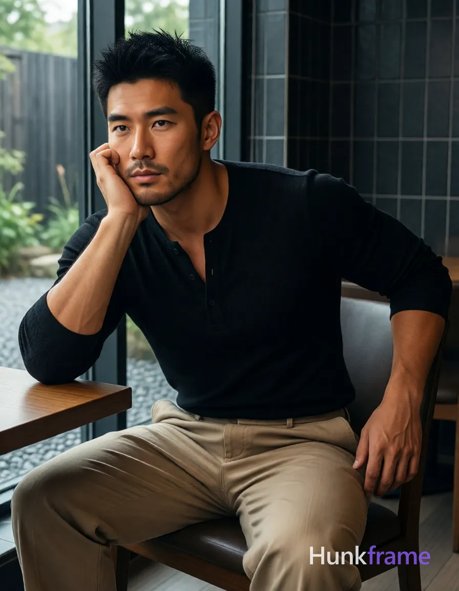 Flat-color graphic poster of exactly 1 adult man. Man 1: East Asian, medium tan with warm undertones, square jawline, defined cheekbones, straight nose bridge, short spiky black hair, textured top, tapered sides and back, clean-shaven chin and jawline, faint stubble on upper lip only. Man 1 has fully exposed eyes, eyebrows, temples and nose bridge. East Asian man with medium tan skin, broad shoulders seated sideways. Right elbow propped on table supporting chin while left arm rests along backrest. Black long-sleeve Henley shirt revealing upper chest paired with loose beige wide-leg trousers. Vertical portrait crop from mid-thigh to head showing thick thighs, sculpted forearms. Indoor lounge near large window overlooking gravel garden with dark tiled wall behind subject. Soft natural daylight highlights face and arms against warm ambient interior shadows