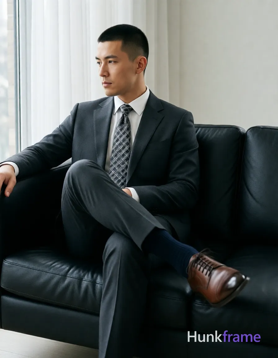 an anonymous figure man with short black buzz cut and clean-shaven face sits in three-quarter profile on a black leather sofa, right leg crossed over left knee at mid-thigh; He wears a dark charcoal single-breasted suit jacket, matching trousers with sharp creases, white dress shirt collar visible above a geometric gray/black/white tie knot, dark navy crew-neck socks to mid-calf, and brown polished lace-up oxford shoes showing toe reflections; Torso leans back against the cushion; shoulders angled toward camera while head tilts subtly left; Modern interior setting features large window with sheer white curtains behind his left shoulder allowing diffused natural light; Soft ambient daylight creates gentle highlights on face and suit fabric; Clean lines, minimalist composition, high-key exposure with controlled contrast; Vertical portrait orientation capturing head through mid-calves centered horizontally; single clean uninterrupted photograph with a cohesive editorial composition and plain continuous surrounding surfaces