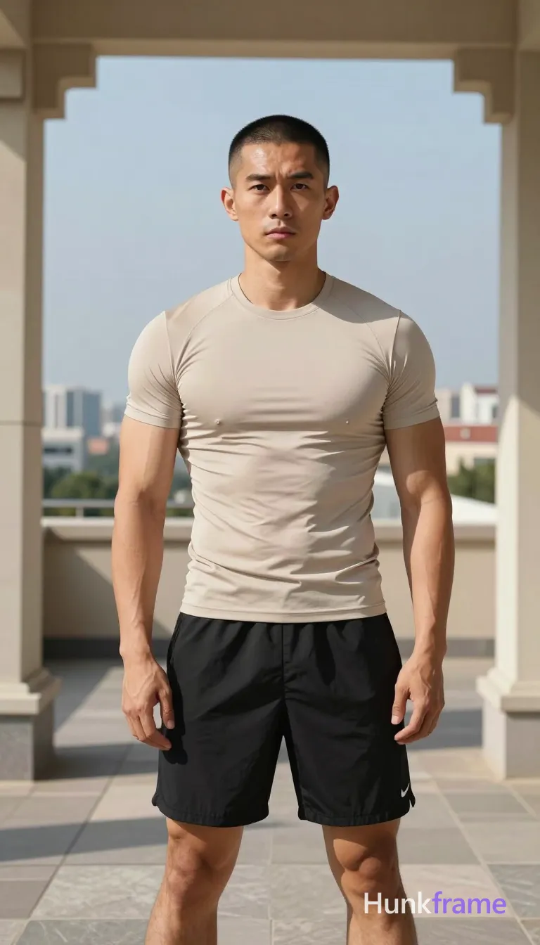 Photograph of exactly 1 adult man. Man 1: Asian, light to medium tan, square jawline with defined cheekbones, short black hair, straight texture, high forehead, clean-shaven head, clean-shaven. Man 1 has fully exposed eyes, eyebrows, temples and nose bridge. Broad shoulders with defined pectorals, visible abdominal definition. Standing upright facing camera with neutral serious gaze directed forward. Tight light beige compression t-shirt black athletic shorts crew socks sneakers. Full body vertical portrait centered within architectural stone pillar frame. Outdoor rooftop terrace under open sky with distant buildings, clear blue sky. Natural daylight from above creating soft shadows on face and torso surface. Fine-art photography emphasizing sculpted masculine physique in minimalist urban setting