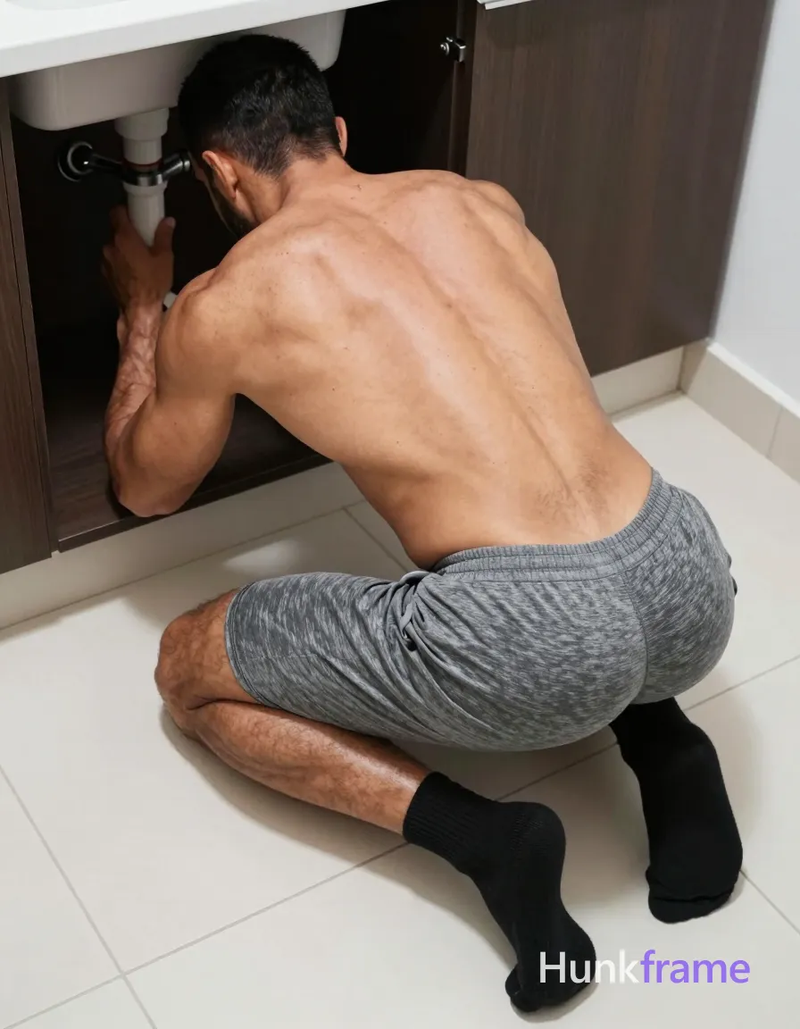 A shirtless adult man with a highly muscular build and tanned skin crouches on white tiled floor, back arched toward open dark cabinet under sink. He wears grey heathered mid-thigh athletic shorts and black ribbed crew socks. High-angle view from behind shows defined latissimus dorsi, prominent trapezius, broad shoulders, and thick calves as left arm reaches for plumbing pipes inside the dark interior. Bright overhead artificial light casts soft shadows on skin texture against white tiles and grey fabric. Clean composition with strong contrast between tanned back and environment in a domestic utility room setting., same aesthetic theme and photo feel as the reference but a different man in a different pose with distinct body proportions, Turkish man, olive skin, aquiline nose, lean hairy chest editorial look, a single uninterrupted photograph only, no written words or typography anywhere in frame, no captions, no app UI, no social-media post layout, no screenshot borders