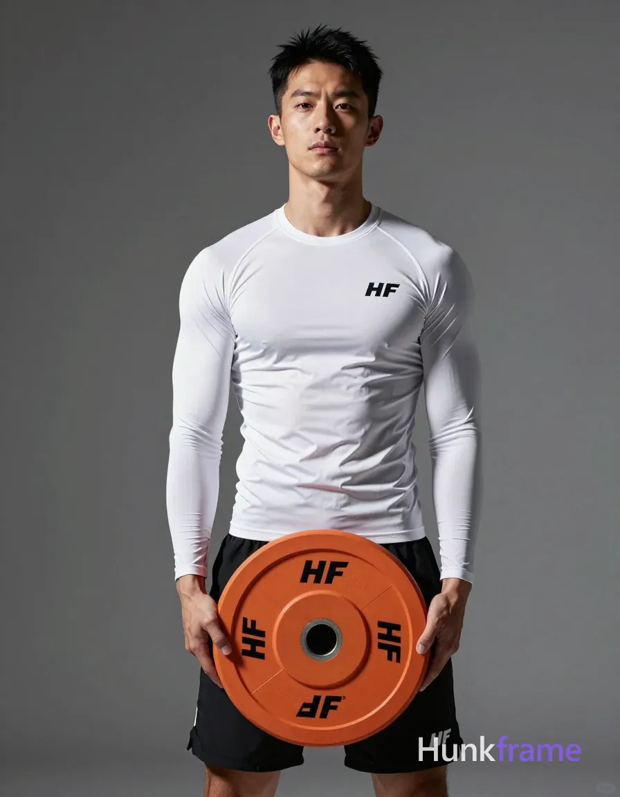 Asian man with light-medium skin, short black textured hair and clean-shaven face in a gym setting; He stands upright holding an orange 10kg HF weight plate at waist level with both hands, torso straight and shoulders engaged against a gray wall background; Wearing white long-sleeve compression top with subtle chest paneling and small left logo, black athletic shorts ending mid-thigh with small right leg logo; Sharp focus on lean muscular physique from slightly elevated angle; soft directional front-left lighting creates sculpted shadows; Premium fashion-editorial aesthetic, dramatic mood; FULL GARMENT TEXT REPLACEMENT: remove every source garment word, sentence, slogan, logo, and partial brand spelling from every existing print area, then replace those source marks with only the wordmark, spelled exactly "HF"; This is replacement, Repeated "HF" marks are allowed only where the source garment already had printed text; preserve appropriate placement, typography, color, and scale; No other visible text, logo, caption, username, hashtag, comment, watermark, or UI chrome; single clean uninterrupted photograph with a cohesive editorial composition and plain continuous surrounding surfaces