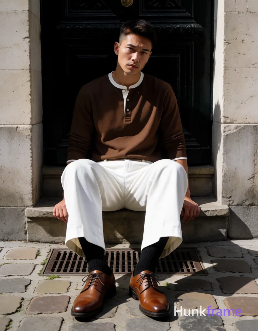 Asian man with light-medium skin and short dark brown undercut hair sits centered in a vertical portrait, leaning back on an ornate black door step; He wears long-sleeved brown henley shirt with white trim at collar and placket buttons, white wide-leg trousers, black crew socks, and brown leather lace-up dress shoes; Left hand rests flat beside him on the stone; right arm relaxed along thigh; Seated in front of light-colored stone walls and cobblestone ground with metal drainage grates under natural daylight; Fine-art photography style with dramatic lighting casting soft shadows, sculpted pose, urban chic mood, premium fashion editorial aesthetic; single clean uninterrupted photograph with a cohesive editorial composition and plain continuous surrounding surfaces