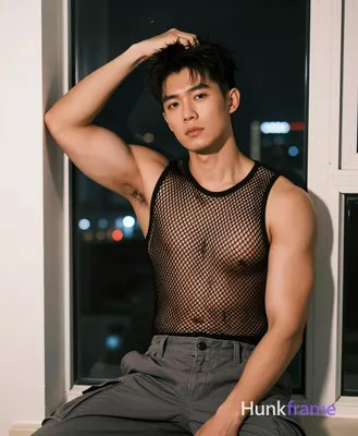 Asian adult man seated on window ledge at night, shirtless with black fishnet mesh tank top over bar
