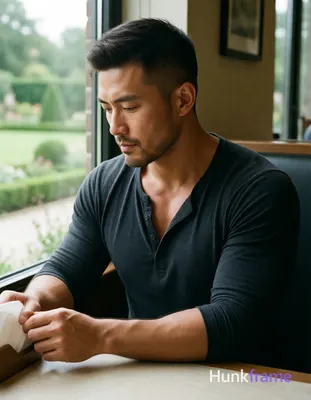 Photograph of exactly 1 adult man. Man 1: Asian, medium-tan, square-jawed with defined cheekbones, s