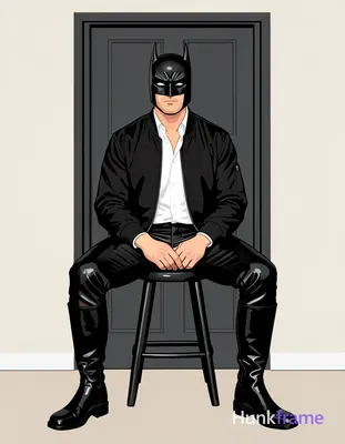 Bold flat-color wall art poster of an adult man seated on a stool against a plai