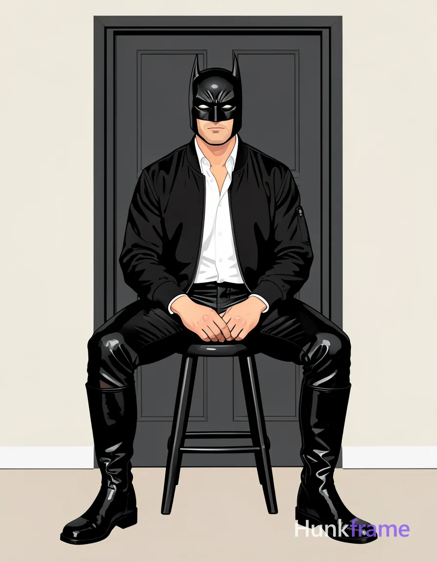 Bold flat-color wall art poster of an adult man seated on a stool against a plain wall with a dark gray paneled door, legs spread apart with knees bent and feet planted. He wears a black leather Batman-style cowl mask covering eyes, white collared dress shirt worn open under a black bomber jacket (sleeves pushed up to elbows), shiny black faux-leather pants extending to mid-calf, paired with matching tall glossy boots. Neck and upper chest visible beneath the open collar; no bare skin beyond that area. Thick thighs and broad shoulders define his physique. High-contrast color blocking emphasizes clean vector lines without text or logos., a single uninterrupted photograph only, no written words or typography anywhere in frame, no captions, no app UI, no social-media post layout, no screenshot borders