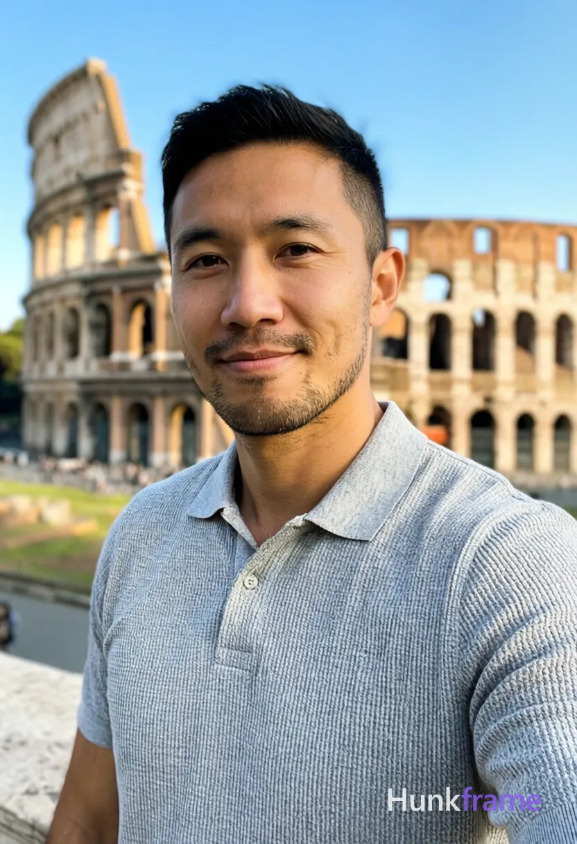 Asian man with light-medium skin and short dark hair featuring a textured top, faded sides, clean neckline; Clean-shaven face with light stubble on chin and jawline, calm composed expression with slight smile standing relaxed near blurred Colosseum background clear blue sky wearing light gray textured polo shirt fully clothed lean build occupying lower-right quadrant of frame candid iPhone rear-camera snapshot energy real lifestyle scene trendy influencer vibe shallow depth of field soft natural lighting warm beige stone tones vertical social-feed look 13:19 aspect ratio; single clean uninterrupted photograph with a cohesive editorial composition and plain continuous surrounding surfaces
