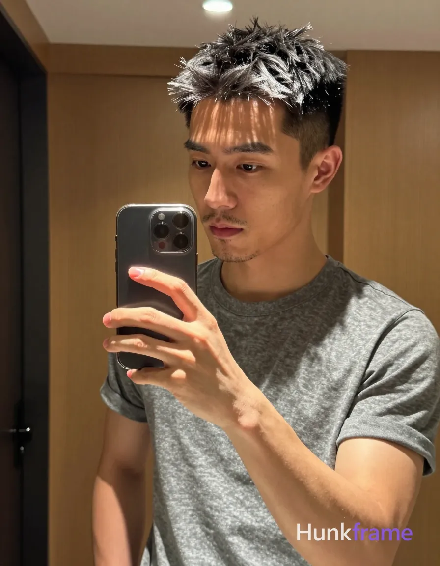 an anonymous figure man with light-medium warm skin and short textured dark hair featuring grey silver highlights, tapered fade sides back styled upward crown. Light stubble on chin upper lip neatly trimmed beard outline. Focused contemplative gaze at phone screen standing in front mirror holding smartphone left hand capture selfie reflection right arm partially visible along side. Holding silver framed smartphone with black textured case against chest using left hand fingers curled around edges phone angled toward mirror for self-capture. Grey short-sleeve crew-neck t-shirt fully clothed adult lean build casual intimate atmosphere trendy influencer vibe candid iPhone selfie energy real lifestyle scene vertical social-feed look. Indoor room warm wood-paneled walls recessed ceiling lighting partial view dark-framed door cabinet left edge. Warm ambient indoor light shallow depth of field on face and hands portrait center-right composition head upper torso dominate frame left hand phone occupy left third mirror selfie aesthetic natural lighting., shot on iPhone 15 Pro main camera, authentic smartphone computational photography, natural Smart HDR, vertical 9:16 Xiaohongshu lifestyle post, bright clean gym or cafe scene, wardrobe matching reference outfit, confident everyday blogger pose, phone photo with natural grain, phone held naturally in one hand for selfie, phone visible in frame, a single uninterrupted photograph only, no written words or typography anywhere in frame, no captions, no app UI, no social-media post layout, no screenshot borders