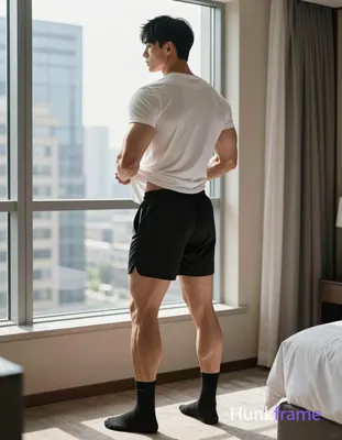 A muscular adult man with short black straight hair and side-parted bangs stands