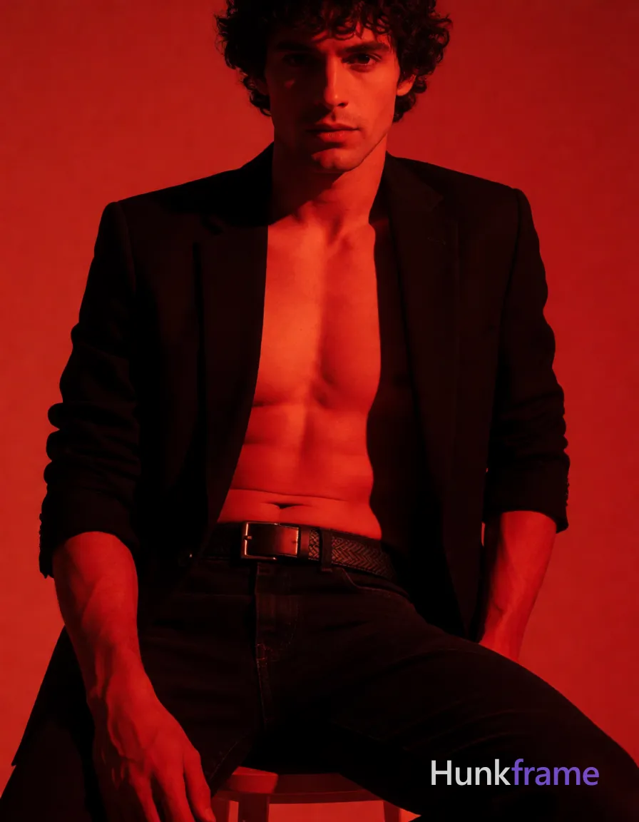 Bold flat-color wall art graphic design of an adult man, seated with right leg bent and left extended under body, torso slightly angled forward; Shirtless bare chest and abdomen visible beneath open black blazer sleeves rolled to forearm length; dark trousers likely jeans with textured belt featuring metallic rectangular buckle; Studio setting with solid red backdrop, dramatic side lighting from left casting deep shadows on right body parts under strong red ambient light wash; High contrast color blocking emphasizing torso musculature including broad shoulders defined pectoral muscles and visible abdominal definition, same aesthetic theme and photo feel as the reference but a different man in a different pose with distinct body proportions, Brazilian Latino man, warm olive skin, curly dark hair, compact athletic torso; single clean uninterrupted photograph with a cohesive editorial composition and plain continuous surrounding surfaces