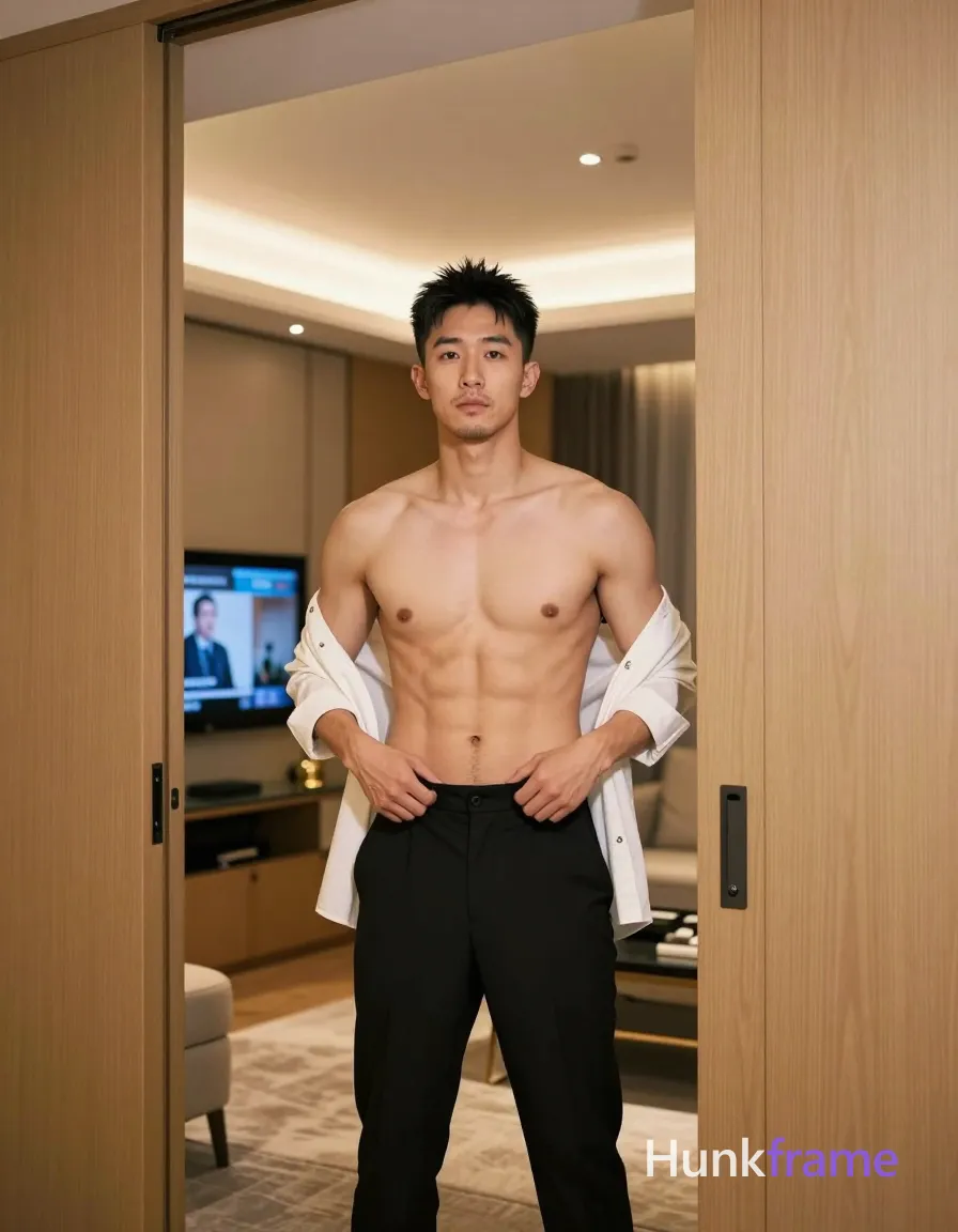 Asian man with short spiky black hair, light-medium skin tone, clean-shaven chin and upper lip with light jawline stubble; Shirtless torso displaying defined collarbones and visible abdominal musculature stands upright in a doorway frame, torso angled slightly leftward; He grips the waistband of his black tailored trousers at hip level with both hands as if adjusting them while sleeves are rolled to forearm on a white long-sleeve button-up shirt held off-body or implied by context; Full-body shot from head to mid-thighs framed between wooden sliding doors, partially obscured by doorframe on right side within a luxury hotel room interior featuring light wood paneling and glass TV console displaying HF broadcast; Soft ambient indoor lighting with recessed ceiling spotlights casting even illumination over clean lines and minimalist decor for high-end hospitality aesthetic; FULL GARMENT TEXT REPLACEMENT: remove every source garment word, sentence, slogan, logo, and partial brand spelling from every existing print area, then replace those source marks with only the wordmark, spelled exactly "HF"; This is; single clean uninterrupted photograph with a cohesive editorial composition and plain continuous surrounding surfaces