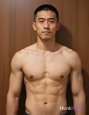 Polished anime-style illustration of an Asian adult man with a short buzz cut and clean-shaven face 