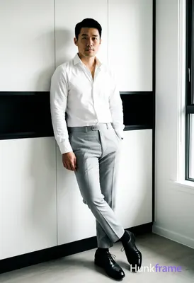 Asian man with short black hair and clean-shaven face, neutral direct gaze standing casually in a mo