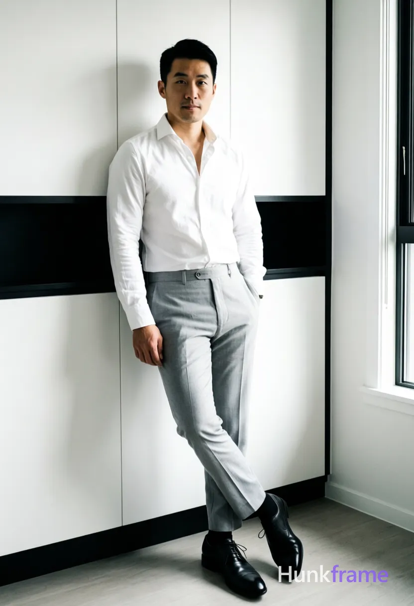 Asian man with short black hair and clean-shaven face, neutral direct gaze standing casually in a modern apartment living room. leaning slightly against white paneled wall near black horizontal accent strip. Wearing white long-sleeve button-up shirt collar open, light grey tailored trousers, black socks, black leather dress shoes. Fully clothed adult lean build physique. Natural window lighting from right side creating soft shadows on left wall and floor. Clean lines, high contrast between black/white elements, sharp focus, vertical social-feed composition with candid lifestyle vibe., a single uninterrupted photograph only, no written words or typography anywhere in frame, no captions, no app UI, no social-media post layout, no screenshot borders