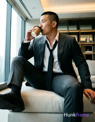 Asian man with short buzz cut and clean-shaven face in profile, seated sideways on a light-colored u