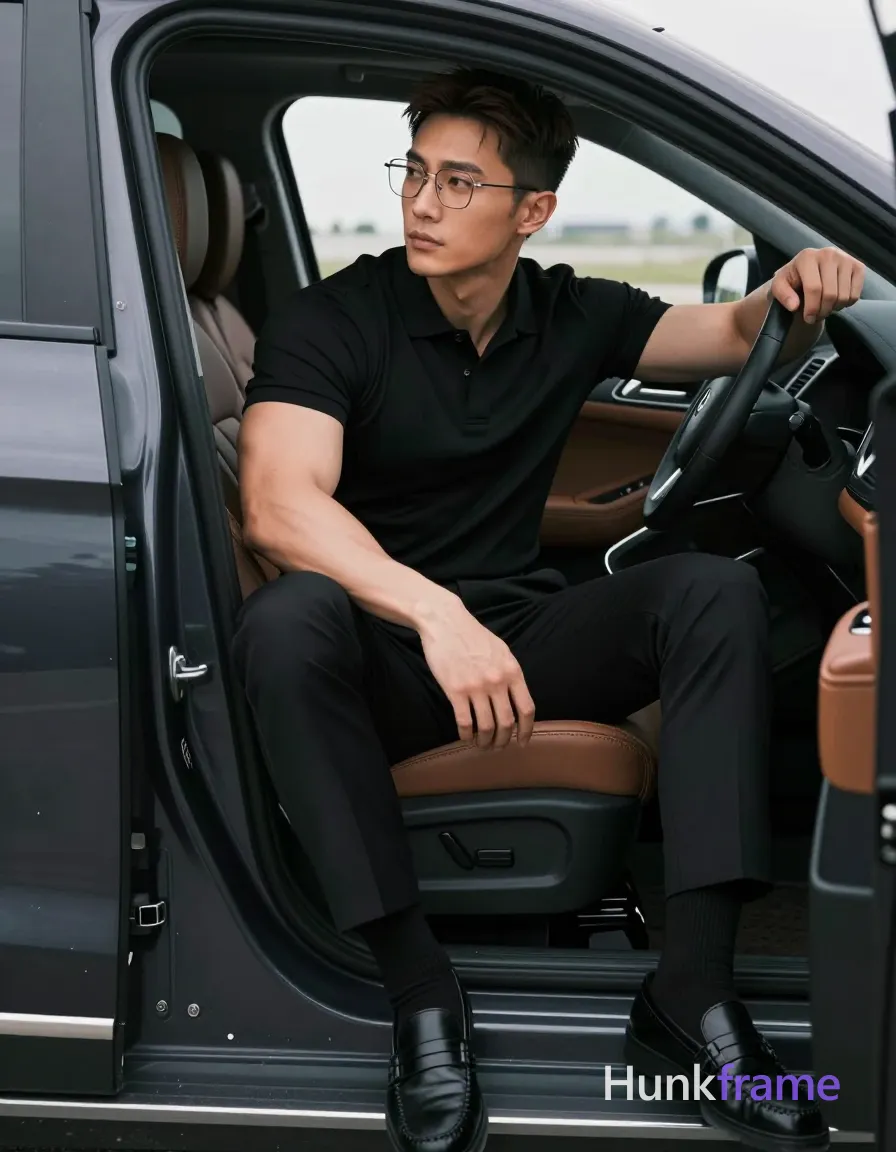 Asian man with light-medium skin and short textured dark brown hair, side parting visible, wearing thin metal rimmed glasses with clear lenses; Clean-shaven face with neutral composed gaze to the left; Seated in driver's seat leaning back against interior panel, right arm resting on thigh, left hand gripping door frame or headrest area; Wearing black short-sleeve polo shirt collar visible, black tailored trousers, black socks, black leather loafers; Broad shoulders and defined biceps with thick thighs fully clothed adult; Full-body shot from waist up to head including car interior and exterior ground plane center-right seated in vehicle with open door framing left side of image; Outdoor parking area or driveway under overcast sky soft diffused daylight cool ambient tone muted palette black dark gray tan leather accents fine-art photography high-fashion aesthetic sculpted lighting on musculature athletic gym photography defined anatomy confident strength vertical portrait orientation 13:19 aspect ratio The adult man visibly wears thin metal rimmed glasses with clear lenses and minimal frame thickness on his; single clean uninterrupted photograph with a cohesive editorial composition and plain continuous surrounding surfaces