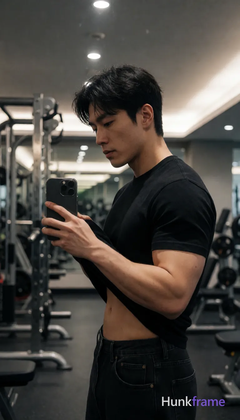 Photograph of exactly 1 adult man. Man 1: Asian, light-medium, oval with defined jawline, short dark hair, slightly tousled texture, side parting visible, clean-shaven with slight stubble on chin and jawline. Man 1 has fully exposed eyes, eyebrows, temples and nose bridge. Asian man with defined pectoral muscles, six-pack abs standing in profile facing left mirror reflection holding smartphone. pulling black crew-neck t-shirt upward exposing chest, abdomen while waistband sits mid-thigh on dark denim jeans. black lifted shirt revealing torso paired with dark denim jeans featuring visible belt loops against indoor gym background. vertical portrait 13:19 aspect ratio center-right foreground occupying majority of vertical frame space under overhead recessed lighting. indoor gym environment with weight racks, exercise equipment softly blurred in metallic silver tones behind focused subject. high contrast dramatic shadows sculpting musculature on light-medium skin creating premium fine-art photography aesthetic