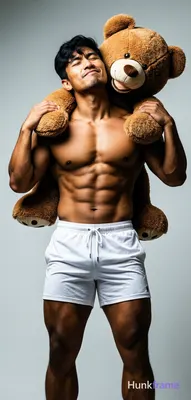 Asian man with medium-tan skin and black short hair featuring side-swept bangs, clean-shaven face. H