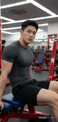 Asian man in Xiaohongshu lifestyle style seated sideways on a red gym bench with blue cushion; He we