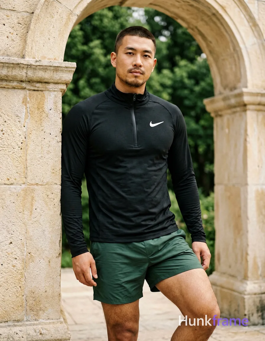 Asian man with medium-tan skin and short dark brown buzz cut, light stubble on jawline. Standing casually near large stone archway in outdoor setting, torso angled toward camera, left arm resting along thigh, right leg bent knee up showing thick thigh, left leg obscured by frame edge. Wearing black long-sleeve athletic top with partial front zipper and white Nike swoosh on chest, dark green shorts. Fully clothed adult occupying left two-thirds of vertical portrait frame 13:19. Natural daylight soft directional light from upper right, shallow depth of field, beige stone background with forest green foliage. Candid lifestyle vibe trendy social feed composition., wearing underwear or swim trunks, covered genitals, no frontal nudity, a single uninterrupted photograph only, no written words or typography anywhere in frame, no captions, no app UI, no social-media post layout, no screenshot borders