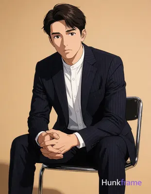 Asian man with fair to light tan warm skin, short dark brown hair side-parted across forehead, clean