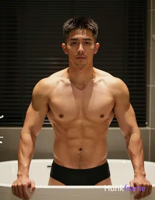 Photograph of exactly 1 adult man. Man 1: Asian, tanned, square jawline with defined cheekbones, sho
