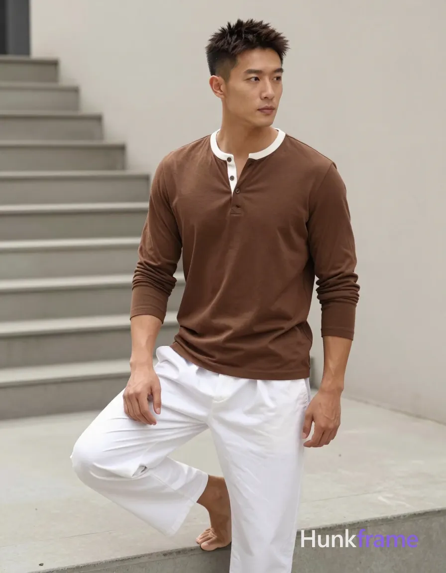 an anonymous figure man with light to medium tan skin, short textured dark brown hair styled upward at the crown and clean-shaven face; He stands casually in an urban courtyard near a staircase facade, right leg bent resting on concrete ledge while left leg extends behind him; Wearing a brown long-sleeve henley shirt with white ribbed collar and undone top button, paired with white wide-leg trousers; Soft natural daylight illuminates the candid lifestyle scene; camera captures vertical portrait orientation suitable for social feed, same aesthetic theme and photo feel as the reference but a different man in a different pose with distinct body proportions, Chinese man, light tan skin, high cheekbones, lean wiry martial-arts physique; single clean uninterrupted photograph with a cohesive editorial composition and plain continuous surrounding surfaces