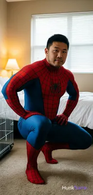 Asian man in full-body Spider-Man spandex suit crouching on beige carpeted floor