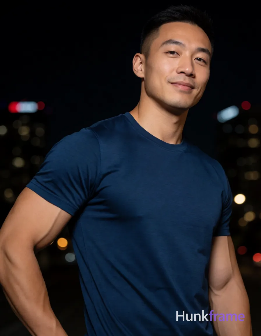 Full-bleed vertical phone wallpaper of an Asian man with light to medium tan skin wearing a dark blue short-sleeve t-shirt; Athletic build, defined shoulders and biceps standing relaxed torso angled toward camera; Left arm bent at elbow near hip partially out of frame, right arm extended downward cropped from view; Head tilted slightly right subtle confident smile against night city lights; single clean uninterrupted photograph with a cohesive editorial composition and plain continuous surrounding surfaces