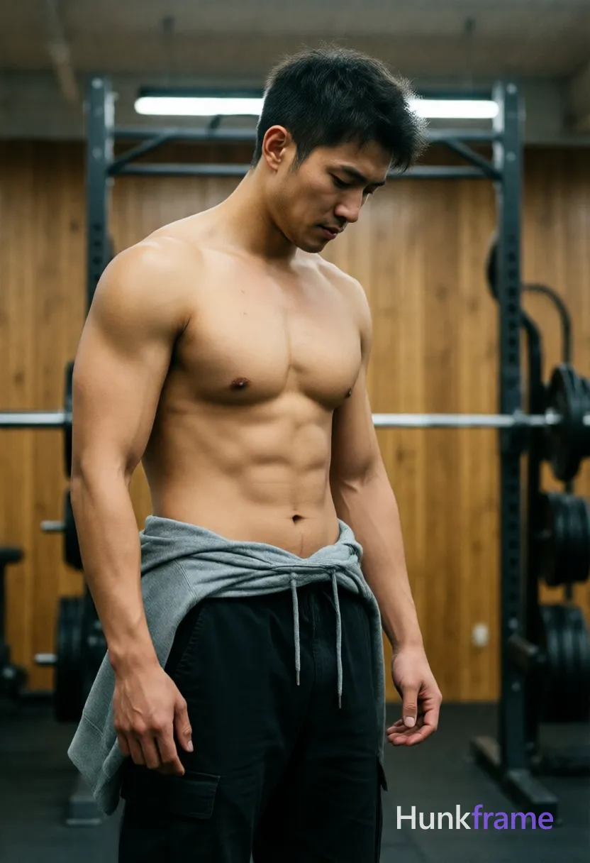 Photograph of exactly 1 adult man. Man 1: Asian, light tan, oval with defined jawline, short dark hair, slightly tousled texture, clean-shaven, small mole on left pectoral area. Man 1 has fully exposed eyes, eyebrows, temples and nose bridge. Broad shoulders, defined abs on light tan Asian skin. Standing upright head tilted downward right arm relaxed at side. Shirtless with black cargo pants gray hooded sweatshirt draped over waist. Vertical portrait framing subject from top of head to upper thighs. Indoor gym environment wooden paneling weight rack visible in background. Soft overhead ambient light casting subtle shadows across torso and arms. Fine-art photography aesthetic with clean composition natural lighting