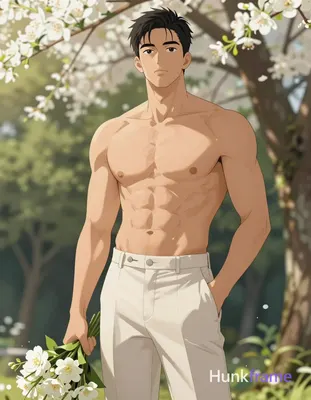 Polished anime style illustration of an Asian man with light-medium skin standing upright in a verti