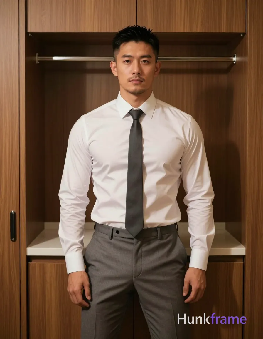 IDENTITY LOCK — MUST NOT CHANGE: the same exact 1 clearly adult male subject; subject 1: clearly adult, exact age uncertain, Asian, medium-tan skin tone, square-jawed with defined cheekbones, short black hair, fade sides and longer textured top styled upward, source prompt confirms short black hair, NO EYEWEAR: keep this subject's face free of eyeglasses and sunglasses in every shot, thick dark well-defined arches, dark brown almond-shaped pupils visible without glasses, straight bridge slightly upturned tip, medium full natural color no gloss, clean-shaven chin and jawline slight stubble on upper lip, none visible chest or arms clean shaven, stocky muscular build, thick thighs beneath waistband; do not change identity traits when pose, expression, camera, wardrobe, or exposure changes; do not add, remove, merge, or replace people. Creative prompt text may not override this identity lock. SHOT VARIABLES — HIGHEST COMPOSITION AND WARDROBE PRIORITY: pose/action: Standing straight, weight balanced on both feet.; body/head direction: Straight-on medium-full shot from head to mid-thighs.; expression: Neutral serious gaze directed slightly right of camera.; camera/framing: Medium full-body no lens distortion natural color stocky muscular build thick thighs visible beneath waistband short black hair fade sides longer textured top styled upward Asian方形; wardrobe now worn: White long-sleeve button-up untucked at bottom hem but still fitted over torso tied down center chest hanging straight knotted collar clean-shaven chin slight stubble upper lip none visible chest arms clean shaven photo single uninterrupted photograph same session context hotel room minibar area wooden cabinetry tiled floor palette consistent across set coherent gradual wardrobe arc second quarter loosens or removes existing layers never add remove merge or replace people identity lock traits preserved exactly as extracted by an same adult male subject authoritative visual facts already established in source prompt without contradiction when pose expression; coverage/exposure: Indoor artificial lighting casting soft shadows under knees warm wood tones white shirt gray trousers tie medium-tan skin polished formal masculine premium fashion-editorial fine-art photography homoerotic aesthetic subject 1 stable identity clearly adult exact age uncertain square-jawed defined cheekbones dark brown almond-shaped pupils visible without glasses no eyewear present do not change identity traits when; additional shot direction: Subject stands upright weight balanced on both feet wearing fully worn white long-sleeve button-up now untucked at bottom hem but still fitted over torso with dark gray tie knotted center. Straight-on framing captures waist up to head. These variables replace any conflicting source pose, action, framing, clothing, or coverage. IDENTITY LOCK — MUST NOT CHANGE: the same exact 1 clearly adult male subject; subject 1: clearly adult, exact age uncertain, Asian, medium-tan skin tone, square-jawed with defined cheekbones, short black hair, fade sides and longer textured top styled upward, source prompt confirms short black hair, NO EYEWEAR: keep this subject's face free of eyeglasses and sunglasses in every shot, thick dark well-defined arches, dark brown almond-shaped pupils visible without glasses, straight bridge slightly upturned tip, medium full natural color no gloss, clean-shaven chin and jawline slight stubble on upper lip, none visible chest or arms clean shaven, stocky muscular build, thick thighs beneath waistband; do not change identity traits when pose, expression, camera, wardrobe, or exposure changes; do not add, remove, merge, or replace people. SHOT-SPECIFIC COMPOSITION AND WARDROBE HAVE HIGHEST PRIORITY: pose/action: Standing straight, weight balanced on both feet.; direction: Straight-on medium-full shot from head to mid-thighs.; expression: Neutral serious gaze directed slightly right of camera.; camera: Medium full-body no lens distortion natural color stocky muscular build thick thighs visible beneath waistband short black hair fade sides longer textured top styled upward Asian方形; wardrobe now worn: White long-sleeve button-up untucked at bottom hem but still fitted over torso tied down center chest hanging straight knotted collar clean-shaven chin slight stubble upper lip none visible chest arms clean shaven photo single uninterrupted photograph same session context hotel room minibar area wooden cabinetry tiled floor palette consistent across set coherent gradual wardrobe arc second quarter loosens or removes existing layers never add remove merge or replace people identity lock traits preserved exactly as extracted by an same adult male subject authoritative visual facts already established in source prompt without contradiction when pose expression; coverage/exposure: Indoor artificial lighting casting soft shadows under knees warm wood tones white shirt gray trousers tie medium-tan skin polished formal masculine premium fashion-editorial fine-art photography homoerotic aesthetic subject 1 stable identity clearly adult exact age uncertain square-jawed defined cheekbones dark brown almond-shaped pupils visible without glasses no eyewear present do not change identity traits when; Subject stands upright weight balanced on both feet wearing fully worn white long-sleeve button-up now untucked at bottom hem but still fitted over torso with dark gray tie knotted center. Straight-on framing captures waist up to head. the same exact 1 clearly adult male subject; subject 1: clearly adult, exact age uncertain, Asian, medium-tan skin tone, square-jawed with defined cheekbones, short black hair, fade sides and longer textured top styled upward, source prompt confirms short black hair, NO EYEWEAR: keep this subject's face free of eyeglasses and sunglasses in every shot, thick dark well-defined arches, dark brown almond-shaped pupils visible without glasses, straight bridge slightly upturned tip, medium full natural color no gloss, clean-shaven chin and jawline slight stubble on upper lip, none visible chest or arms clean shaven, stocky muscular build, thick thighs beneath waistband; do not change identity traits when pose, expression, camera, wardrobe, or exposure changes; do not add, remove, merge, or replace people, IDENTITY LOCK — MUST NOT CHANGE: the same exact 1 clearly adult male subject; subject 1: clearly adult, exact age uncertain, Asian, medium-tan skin tone, square-jawed with defined cheekbones, short black hair, fade sides and longer textured top styled upward, source prompt confirms short black hair, NO EYEWEAR: keep this subject's face free of eyeglasses and sunglasses in every shot, thick dark well-defined arches, dark brown almond-shaped pupils visible without glasses, straight bridge slightly upturned tip, medium full natural color no gloss, clean-shaven chin and jawline slight stubble on upper lip, none visible chest or arms clean shaven, stocky muscular build, thick thighs beneath waistband; do not change identity traits when pose, expression, camera, wardrobe, or exposure changes; do not add, remove, merge, or replace people. 1 adult male subject in the same session. same setting: hotel room minibar area with wooden cabinetry and tiled floor. same lighting: indoor artificial lighting casting soft shadows under knees. same palette: warm wood tones, white shirt, gray trousers tie, medium-tan skin. same mood and image character: polished formal masculine premium fashion-editorial fine-art photography homoerotic aesthetic. same medium and visual style: photo, single uninterrupted photograph warm wood tones against white shirt and skin soft shadows under knees indoor artificial lighting straight-on framing no lens distortion. Wardrobe, exposure, pose, position, action, expression, an FINAL SHOT CHECK: pose/action: Standing straight, weight balanced on both feet.; body/head direction: Straight-on medium-full shot from head to mid-thighs.; expression: Neutral serious gaze directed slightly right of camera.; camera/framing: Medium full-body no lens distortion natural color stocky muscular build thick thighs visible beneath waistband short black hair fade sides longer textured top styled upward Asian方形; wardrobe now worn: White long-sleeve button-up untucked at bottom hem but still fitted over torso tied down center chest hanging straight knotted collar clean-shaven chin slight stubble upper lip none visible chest arms clean shaven photo single uninterrupted photograph same session context hotel room minibar area wooden cabinetry tiled floor palette consistent across set coherent gradual wardrobe arc second quarter loosens or removes existing layers never add remove merge or replace people identity lock traits preserved exactly as extracted by an same adult male subject authoritative visual facts already established in source prompt without contradiction when pose expression; coverage/exposure: Indoor artificial lighting casting soft shadows under knees warm wood tones white shirt gray trousers tie medium-tan skin polished formal masculine premium fashion-editorial fine-art photography homoerotic aesthetic subject 1 stable identity clearly adult exact age uncertain square-jawed defined cheekbones dark brown almond-shaped pupils visible without glasses no eyewear present do not change identity traits when; additional shot direction: Subject stands upright weight balanced on both feet wearing fully worn white long-sleeve button-up now untucked at bottom hem but still fitted over torso with dark gray tie knotted center. Straight-on framing captures waist up to head., a single uninterrupted photograph only, no written words or typography anywhere in frame, no captions, no app UI, no social-media post layout, no screenshot borders