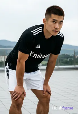 Asian man with short buzz cut and matte dark brown hair, clean-shaven face, neut