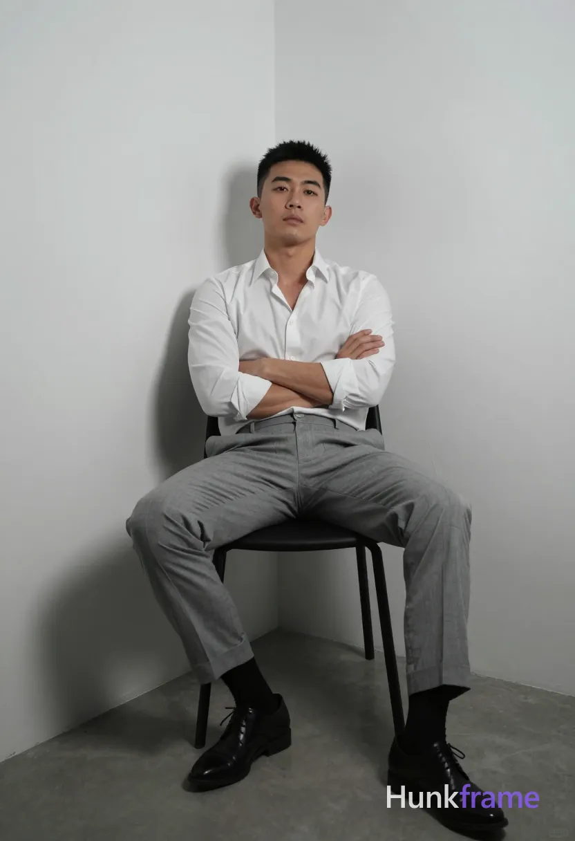 Asian man with short black hair and clean-shaven face, neutral direct gaze seated in a minimalist corner. He leans back against the white paneled wall on a black chair, arms crossed over his chest. Wearing an open-collared white long-sleeve button-up shirt revealing collarbone, light grey tailored trousers, black socks, and black leather dress shoes. Left leg extended forward with thick thighs visible, right knee bent resting on floor. Soft directional lighting from the right casts subtle shadows on the left wall and chair leg. High contrast between stark white fabric and dark elements creates a dramatic mood. Full-body vertical crop centered in frame., a single uninterrupted photograph only, no written words or typography anywhere in frame, no captions, no app UI, no social-media post layout, no screenshot borders
