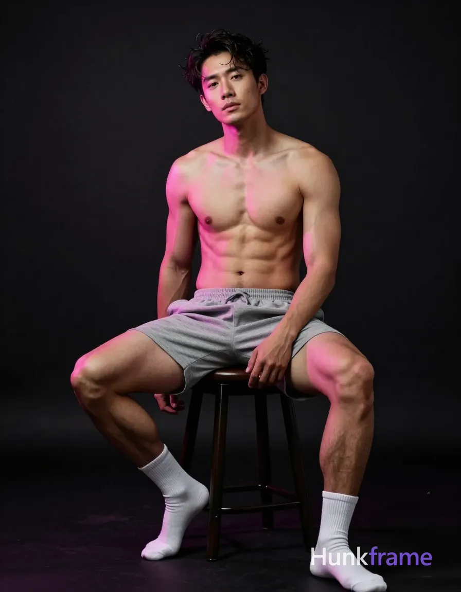Asian adult man seated on a dark stool, torso angled away with left leg bent and right leg extended forward; Shirtless bare chest displaying lean build, defined trapezius, latissimus dorsi, and visible rib cage contouring under skin wearing grey heathered cotton shorts mid-thigh length and white crew socks on both feet; Short dark black hair slightly tousled longer on top with clean neckline at nape; clean-shaven chin and jawline neutral contemplative gaze over shoulder facing viewer; Dark interior studio setting illuminated by strong pink directional rim light defining silhouette against deep black background, soft frontal fill retaining facial features; Fine-art photography high-contrast chiaroscuro lighting magenta accent color grading portrait composition centered horizontally occupying majority of vertical frame from mid-thighs up to crown, same aesthetic theme and photo feel as the reference but a different man in a different pose with distinct body proportions, Mediterranean Italian man, olive skin, wavy dark hair, lean surfer body; single clean uninterrupted photograph with a cohesive editorial composition and plain continuous surrounding surfaces
