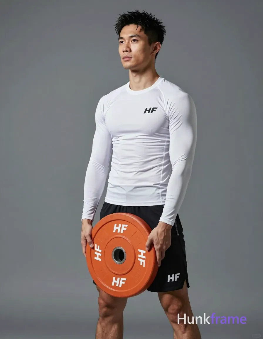 Asian man with light-medium skin and short black textured hair stands in a gym, holding an orange 10kg HF weight plate at waist level; He wears white long-sleeve compression top with chest paneling and small left logo, paired with black athletic shorts ending mid-thigh featuring a small right leg logo; Lean muscular build captured from slightly elevated angle against gray wall background; soft directional front-left lighting enhances physique definition; Focused, clean mood; FULL GARMENT TEXT REPLACEMENT: remove every source garment word, sentence, slogan, logo, and partial brand spelling from every existing print area, then replace those source marks with only the wordmark, spelled exactly "HF"; This is replacement, Repeated "HF" marks are allowed only where the source garment already had printed text; preserve appropriate placement, typography, color, and scale; No other visible text, logo, caption, username, hashtag, comment, watermark, or UI chrome, same aesthetic theme and photo feel as the reference but a different man in a different pose with distinct body proportions, Moroccan man, deep; single clean uninterrupted photograph with a cohesive editorial composition and plain continuous surrounding surfaces