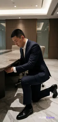 Asian man kneeling beside a large conference table, leaning forward to reach und