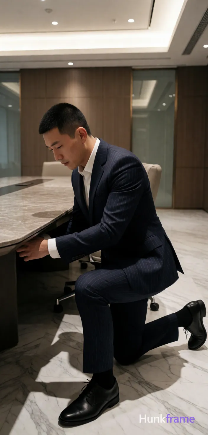 Asian man kneeling beside a large conference table, leaning forward to reach under the marble-topped desk; He wears a dark navy pinstripe single-breasted suit jacket and matching trousers over a white collared shirt with visible cuffs at wrists; Black dress socks and black leather oxford-style shoes cover his feet; lower legs are fully exposed due to kneeling posture; Lean build, short buzz cut black hair, clean-shaven face, focused expression looking downward; Modern high-end office conference room with marble flooring, wood-paneled walls, recessed lighting, glass partitions; Soft ambient overhead lights cast dramatic shadows against the light floor and dark suit; Athletic photography style emphasizing defined anatomy and confident strength within a professional setting, vertical portrait orientation capturing full body from head to toe; single clean uninterrupted photograph with a cohesive editorial composition and plain continuous surrounding surfaces